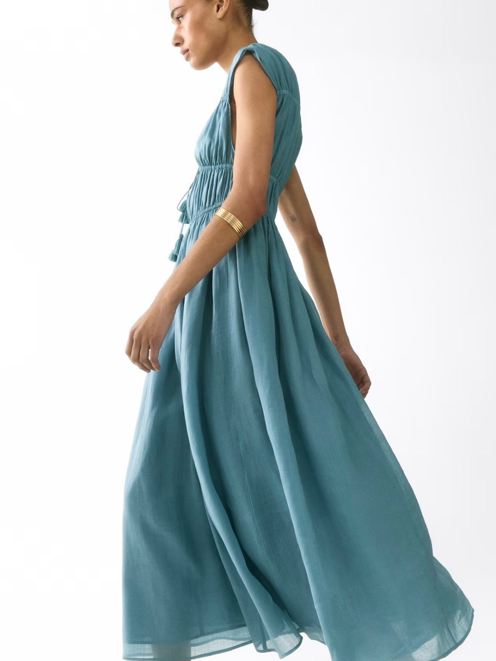 H&M Premium Selection Drawstring-Detail Ramie Dress (Dusty Turquoise) Small - Picture 5 of 7
